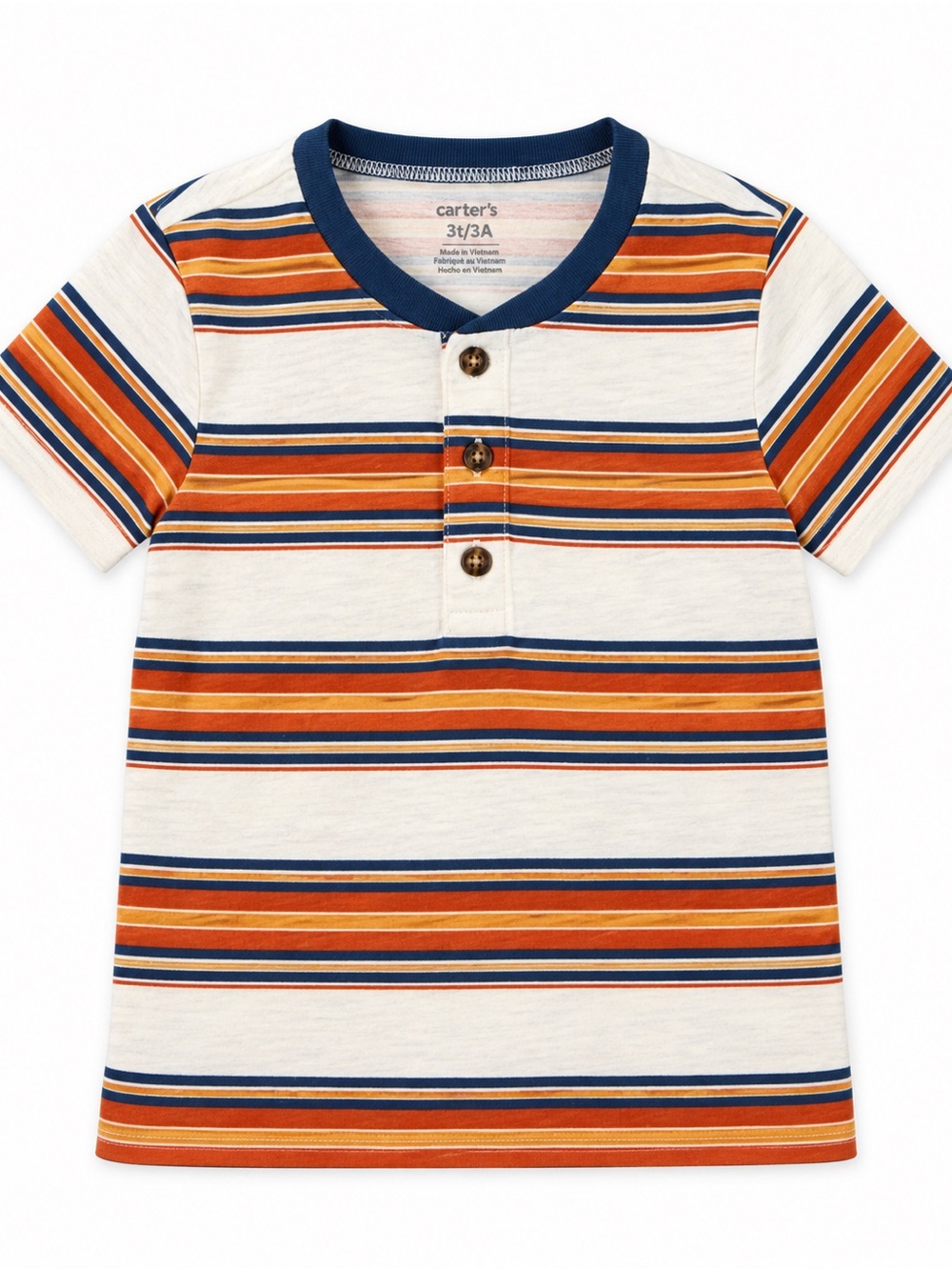 Carter’s Boys 3T Striped Henley Shirt Orange Navy Cream Short Sleeve